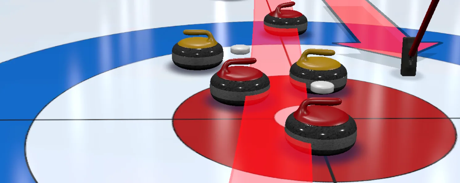 True Curling gameplay showing a crowded house and a highlighted shot path