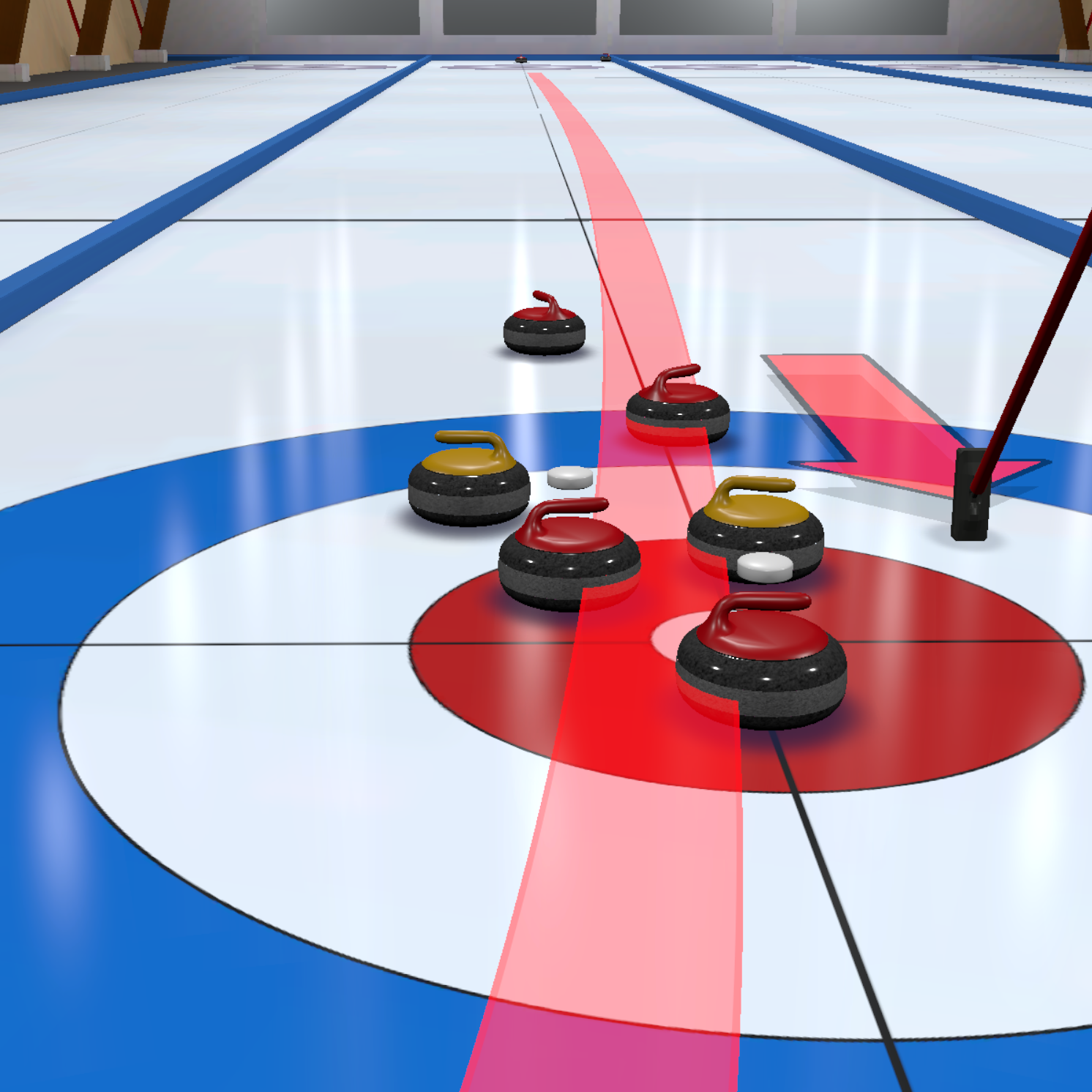 True Curling gameplay showing a crowded house and a highlighted shot path