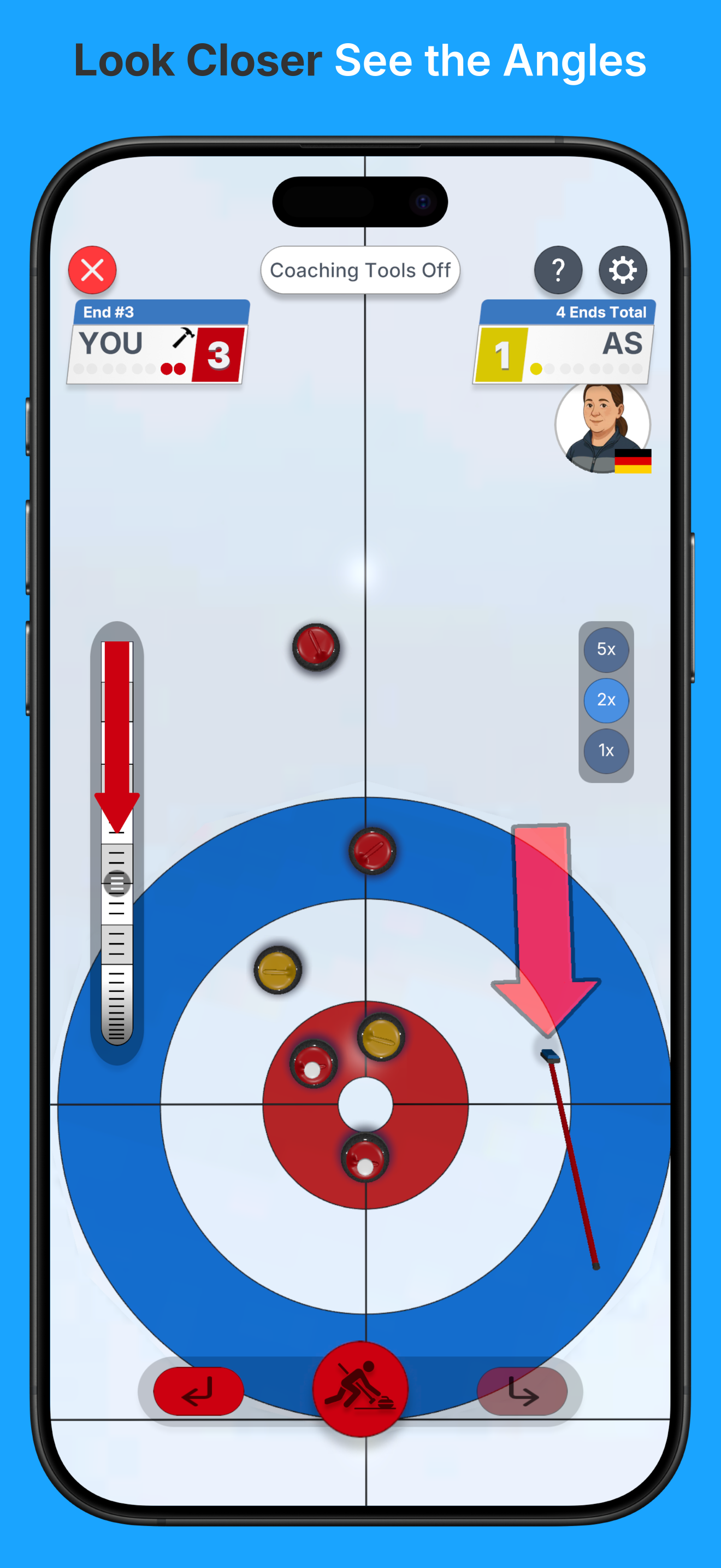 True Curling on phone showing top-down view of a busy house